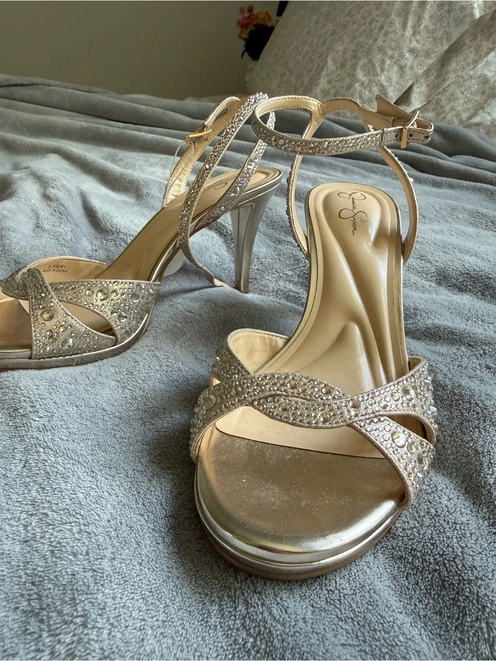 Jessica Simpson Crystal-Embellished Champagne Slingback Heels